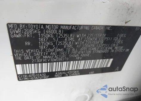 2013 Toyota Rav4 Limited z USA, uszkodzony, nr VIN 2T3DFREV1DW098319